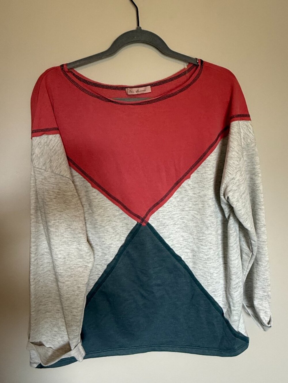 Colorblock Long Sleeve Top Women’s Size Large Pink Gray Green Casual Shirt NWOT
